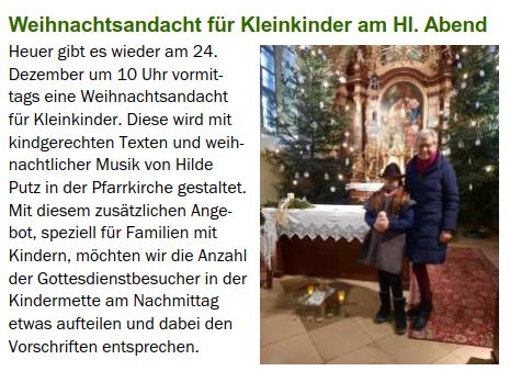 Kleinkinder Weihnachtsandacht am 24.12.2021 um 10 Uhr in der Pfarrkirche Kürnberg