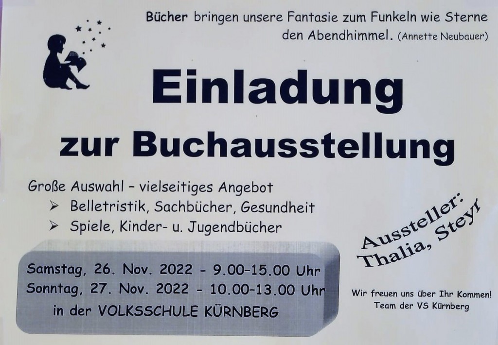 Buchausstellung am 26. und 27. November in der Volksschule Kürnberg.