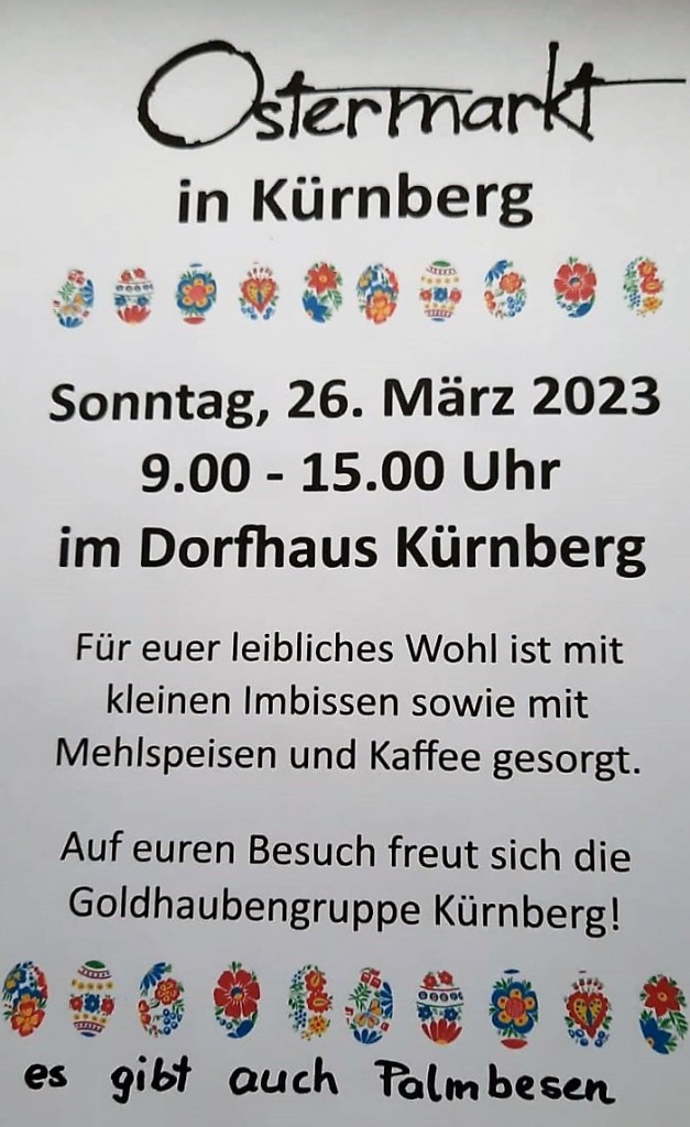 Plakat Ostermarkt Kürnberg am 26. März 2023, 9 - 15 Uhr.