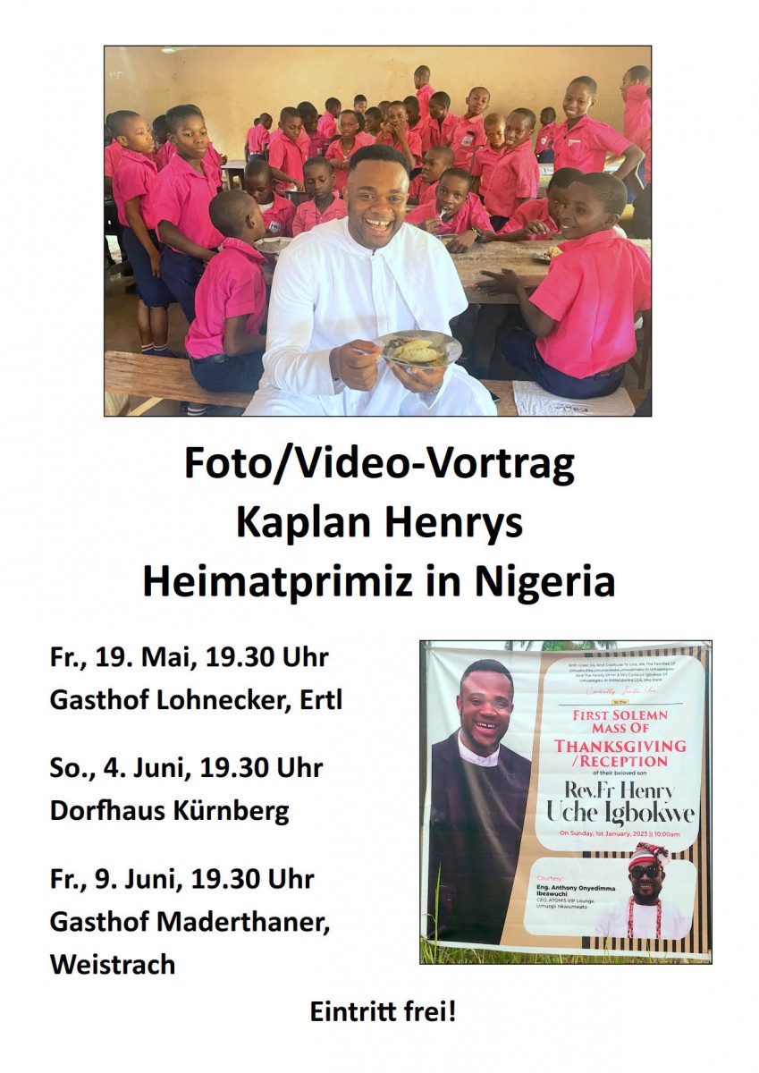 Plakat Vortrag von der Heimatprimiz von Kaplan Henry am 4.6.2023 im dorfHAUS Kürnberg.