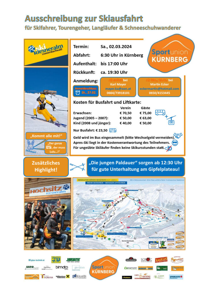 Plakat Schiausfahrt 2024 am 02.03.2024 auf die Riesneralm. Veranstalter Sportverein Kürnberg.