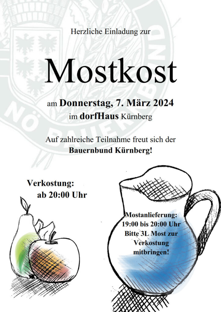 Kürnberger Mostkost im dorfHAUS am 7.3.2024 ab 20 Uhr.
