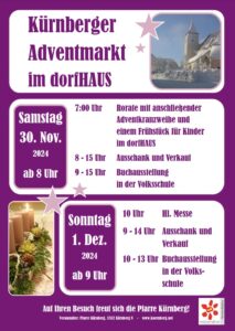 Plakat vom Kürnberger Adventmarkt im dorfHAUS am 30.11. u. 1.12.2024.