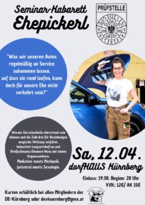 Seminar-Kabarett Ehepickerl am Samstag, 12. April 2025 im dorfHAUS Kürnberg. Beginn: 20 Uhr
Karten erhältlich bei den Mitgliedern der Dorfentwicklung Kürnberg.