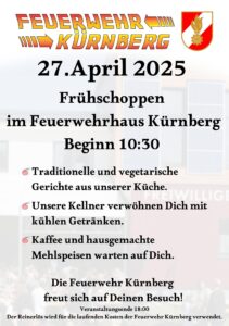 Frühschoppen im Feuerwehrhaus Kürnberg am 27. April 2025 ab 10:30 Uhr.