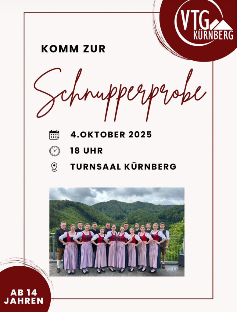 Komm zur Schnupperprobe der Volkstanzgruppe Kürnberg am 4.10.2025 umd 18 Uhr im Turnsaal.