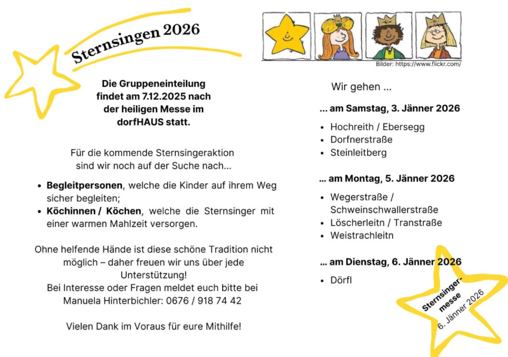 Sternsingen - Begleitpersonen und Köche gesucht. Die Sternsinger sind am 3., 5. und 6. Jänner unterwegs.