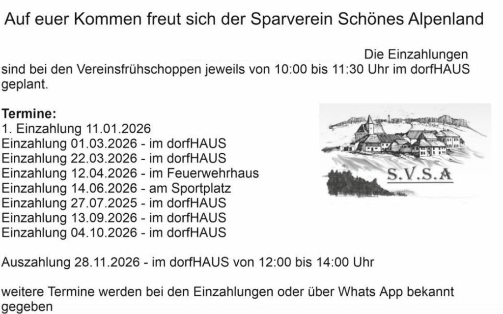 Einzahlungstermine des Sparvereins Schönes Alpenland im Jahr 2026.