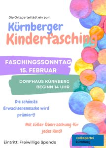 Kinderfasching im dorfHAUS Kürnberg am 15. Februar 2026 ab 14 Uhr.