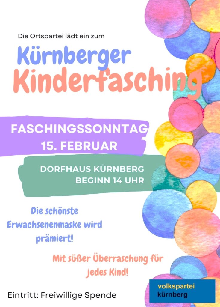 Kinderfasching im dorfHAUS Kürnberg am 15. Februar 2026 ab 14 Uhr.