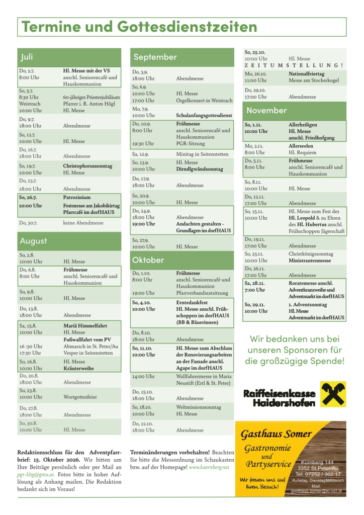 Termine und Gottesdienste von Juli bis November 2026 in Kürnberg
