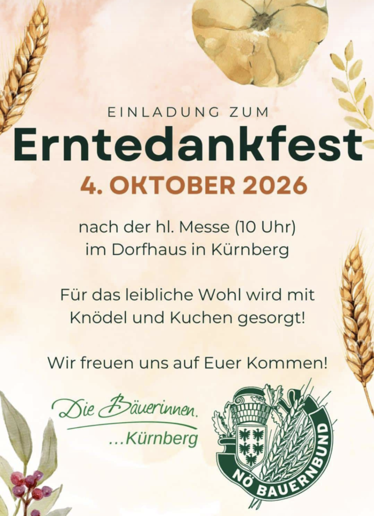 Sonntag, 4 Oktober 2026
10 Uhr Hl. Messe
Anschließend Frühschoppen im dorfHAUS.