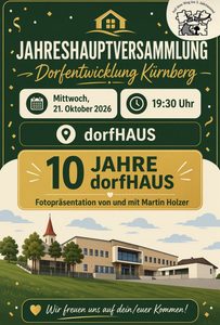 10 Jahre Dorfentwicklung Kürnberg am 21. Oktober 2026, 19:30 Uhr im dorfHAUS Kürnberg mit Fotopräsentation von Martin Holzer