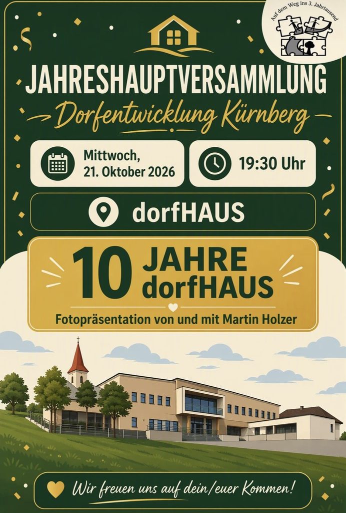 10 Jahre Dorfentwicklung Kürnberg am 21. Oktober 2026, 19:30 Uhr im dorfHAUS Kürnberg mit Fotopräsentation von Martin Holzer